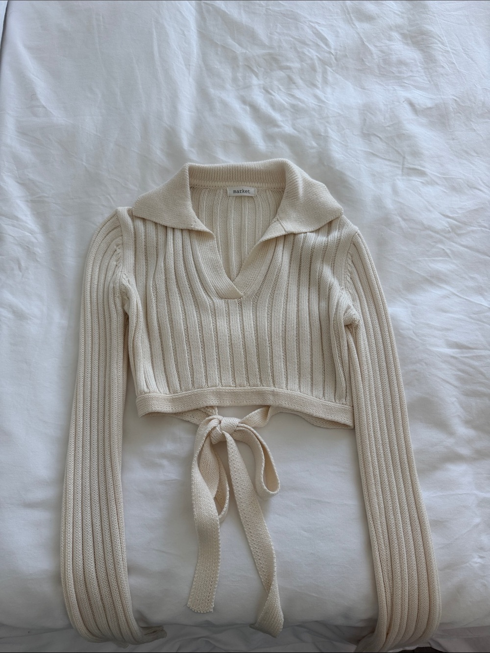 Market Cream Ribbed Tie-Front Collared V-Neck Sweater